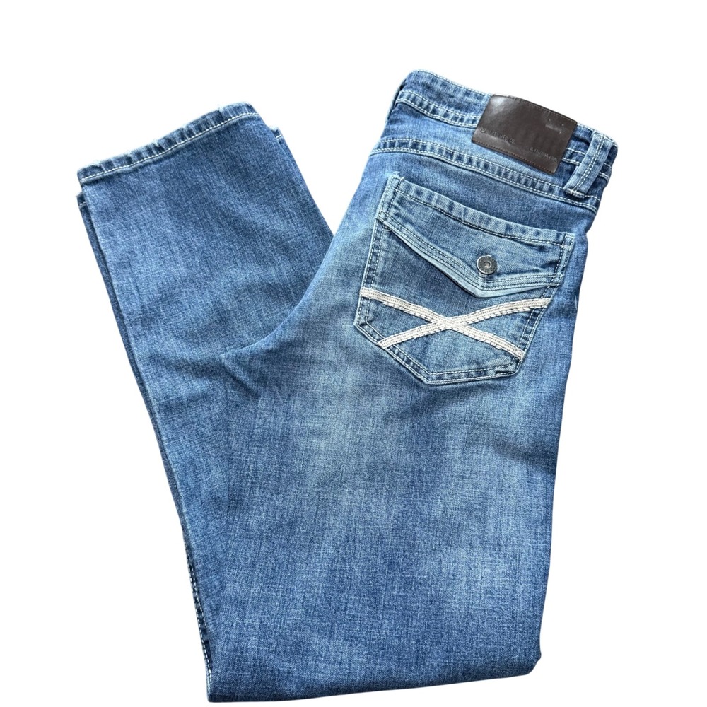 TK Axel Slim Bootcut Jeans Mens 32x32 Blue Medium Wash Embroidered Flap Pocket